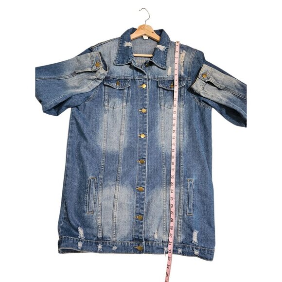 Womens XXL Longline Distressed Denim Jacket Blue Wash Button Front Pockets Y2K - Picture 6 of 7